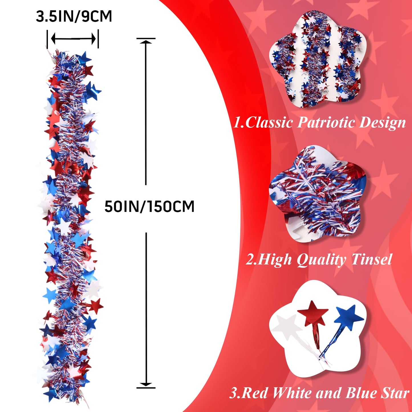 4th of July Garland Decorations,50Ft Glitter Tinsel Patriotic Decor for Tree Car Golf Cart Parade Float Bike Party Table Yard Door Boat Indoor Outdoor Holiday Home