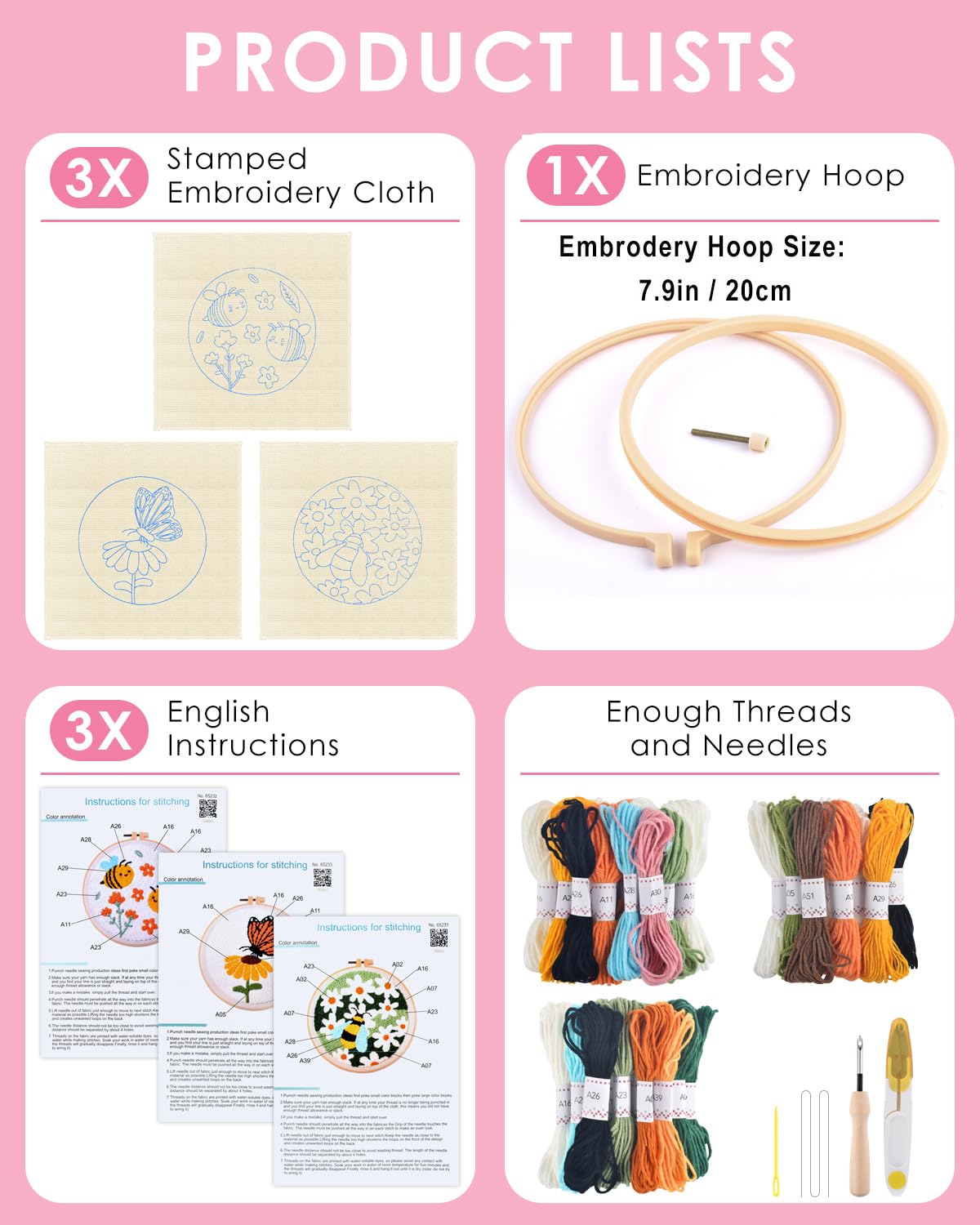 3 Sets Punch Needle Kits, Flowers Punch Embroidery Kits for Adults Beginner, Tool with Punch Needle Fabric, Hoops, Yarns and Sewing Needles
