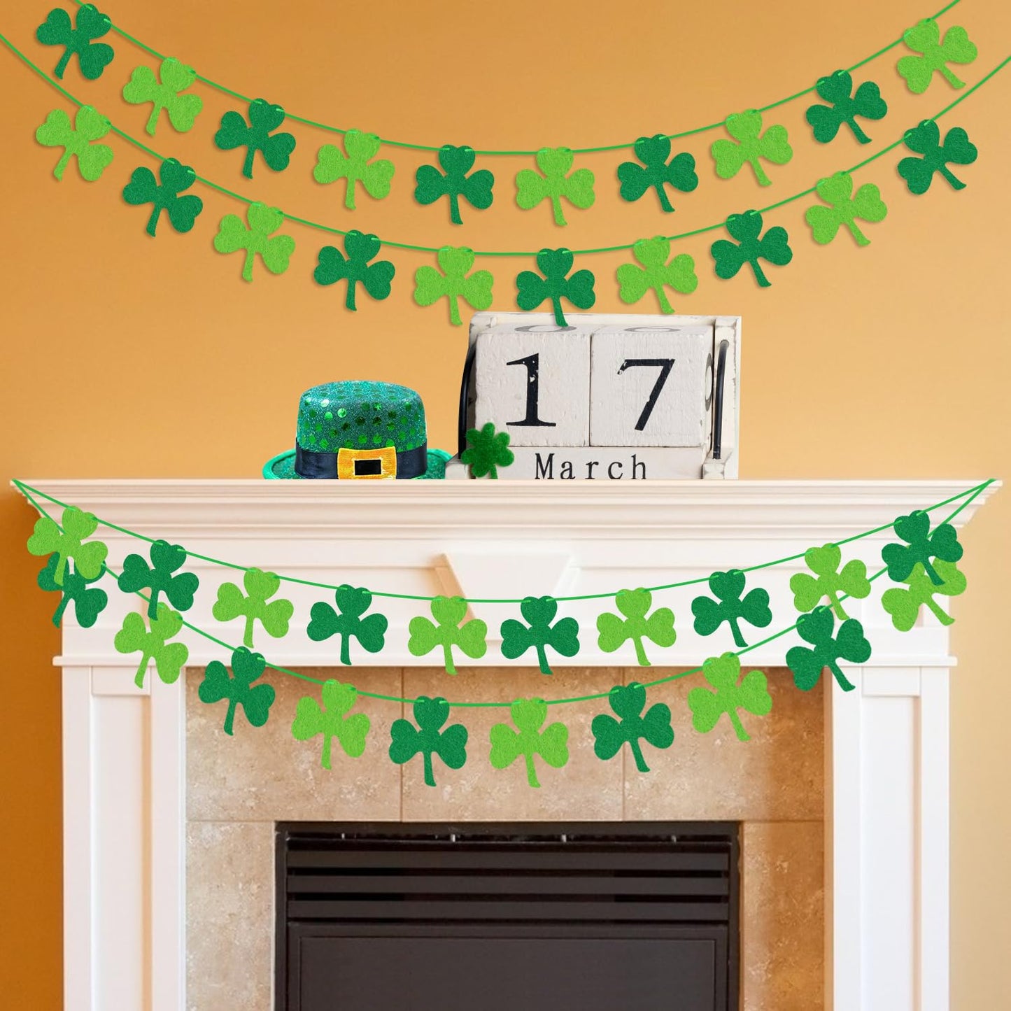 St Patricks Day Decorations 4PCS Felt Shamrock Garland Banner - NO DIY Shamrock Clover Garland Banner for St Patricks Day Decor - Dark Green Light Green for Irish Party Supplies