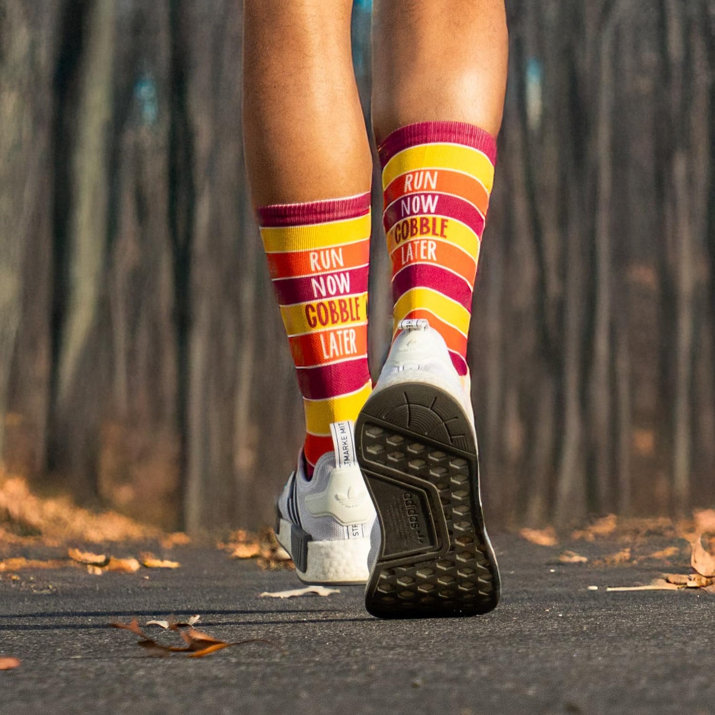 Gone For a Run Turkey Mid Calf Socks | Run Now Gobble Later Running Socks | Turkey Trot, Fun Running Socks | Small