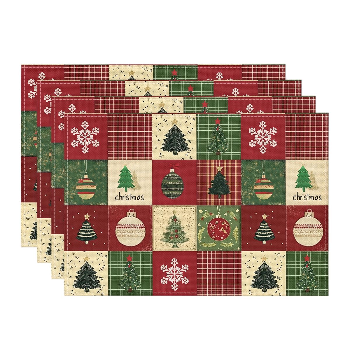 Xmas Trees Christmas Balls Placemats Set of 4, 12x18 Inch Table Mats for Winter New Year Holiday Party Kitchen Dining Decoration