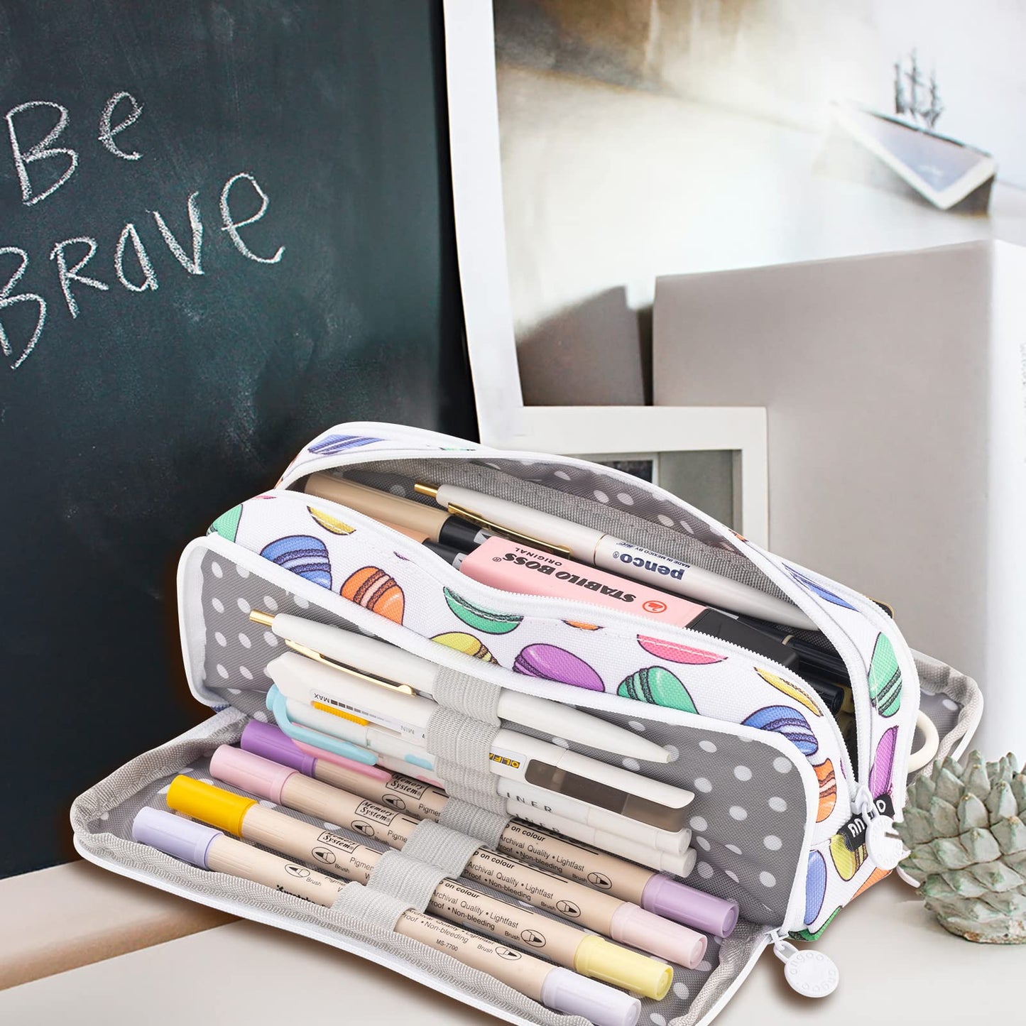 ANGOOBABY Large Pencil Case Big Capacity 3 Compartments Canvas Pencil Pouch for Teen Boys Girls School Students (White Macaron)