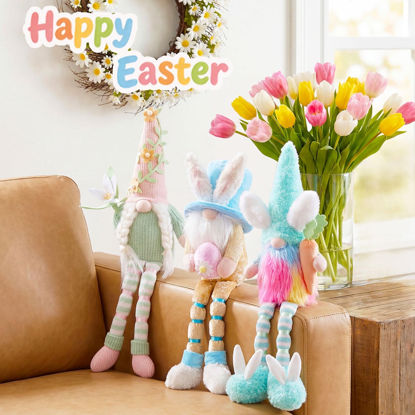 Easter Gnomes Plush Decorations - 3PCS Long Dangle Leg Bunny Gnomes Handmade Hold Egg Lily Flower Carrot, Rabbit Elf Dolls for Easter Day Home Table Ornament, Tiered Tray Decor