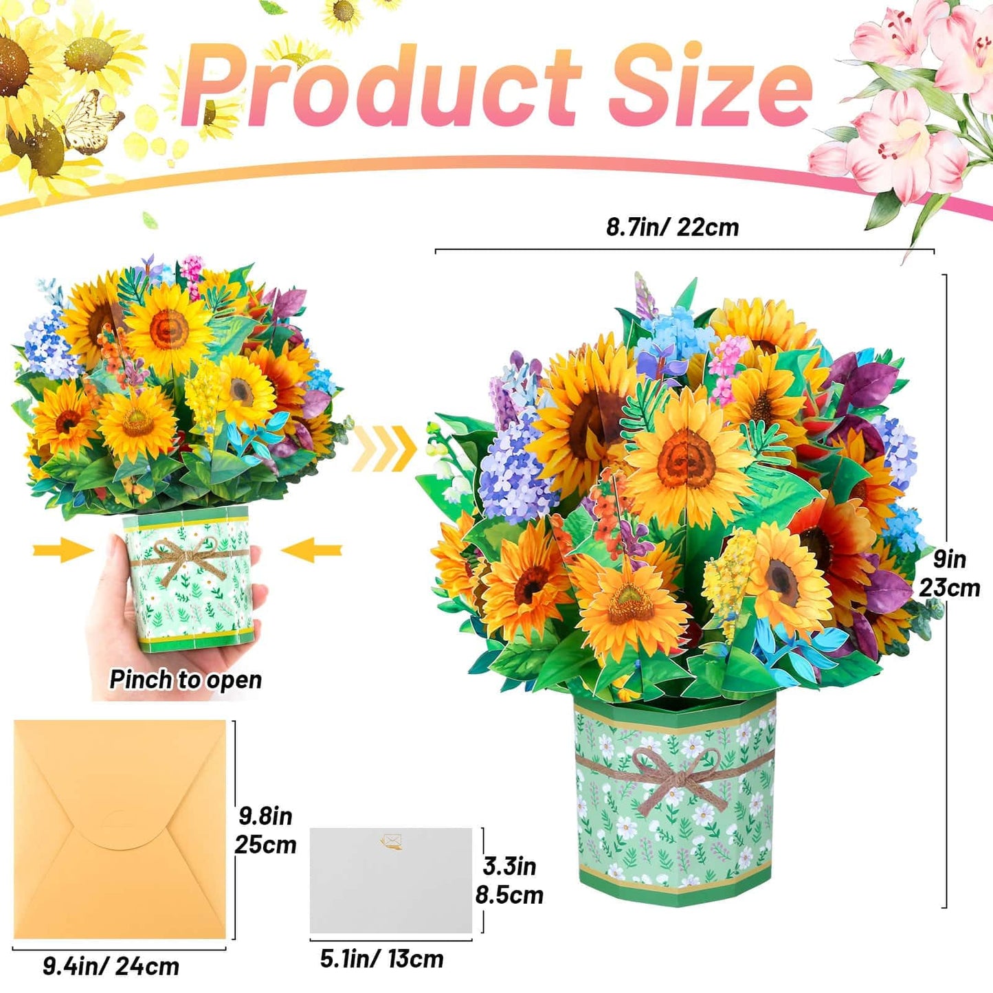 4Pack Paper Flower Pop Up Cards, Flower Bouquet Card Popup 3D Greeting Cards for Mother's Day, Graduation, Anniversary, Birthday, Congratulations, Get Well, Home Decor, with Envelope and Note