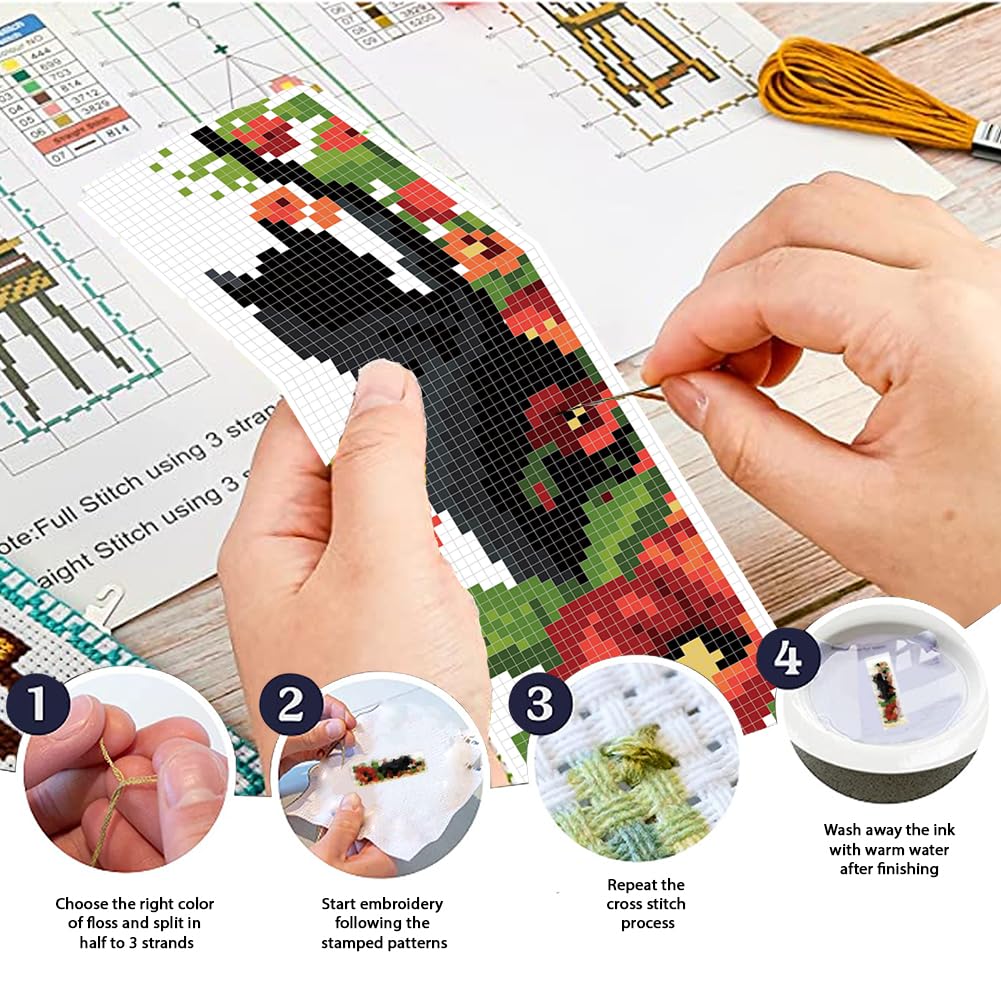6Pcs Cross Stitch Bookmark Kits Cat Stamped Embroidery Bookmarks Beginner Embroidery Kit with Instructions Counted Cross Stitch Kit for Hand Embroidery Adults