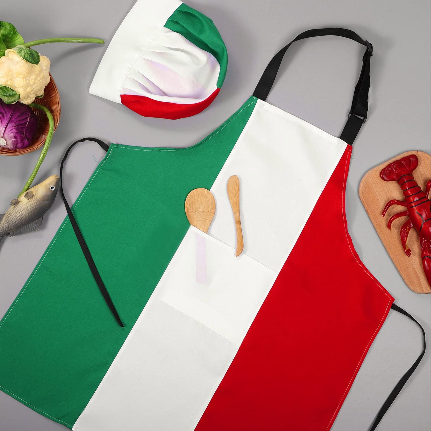 Chef Hat and Apron Italian flag Patriotic Fabric Adjustable Baking with pocket italy cooking baking Apron for Women Men