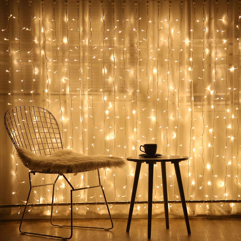 Brightown 300 LED Curtain String Lights, 9.8 FT Hanging Fairy Lights with Remote, 8 Modes, Connectable Waterproof Window Lights for Bedroom Backdrop Wedding Outdoor Christmas Party, Warm White