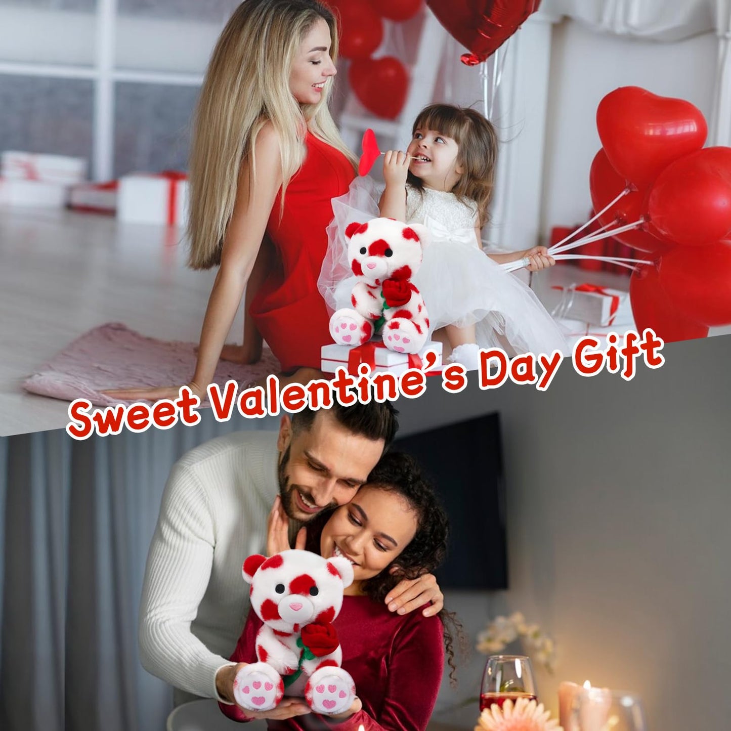 Valentine's Day Plush Teddy Bear with Rose, Stuffed Animal Gift for Her & Boyfriend, Party Decor