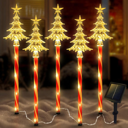 5 Pcs Acrylic Solar Pathway Stakes Lights Outdoor Waterproof, 8 Modes Christmas Decorations Outdoor Yard, Solar Christmas Garden Decor Lights (Xmas Tree Warm White)
