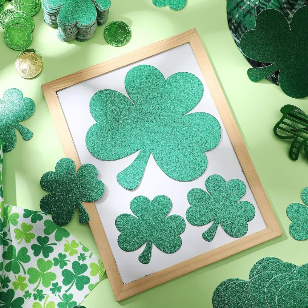 Mini Glitter Green Shamrock Paper Cutouts (4" - 7") Pack Of 10 | Perfect Decorations For St. Patrick's Day Celebrations, Irish-Themed Parties & DIY Crafts