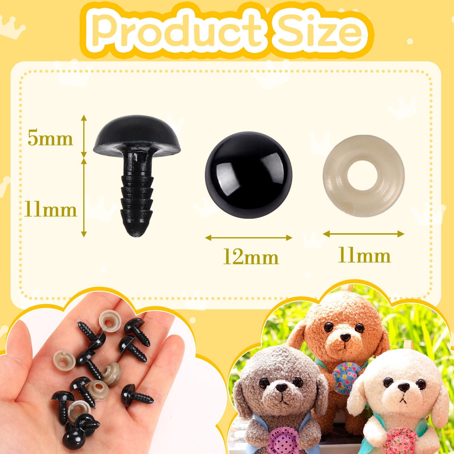 UPINS 600 Pieces 12MM Safety Eyes with Washers Black Plastic Safety Eyes for Amigurumi Doll Crochet Eyes for DIY Crafts Stuffed Animals Making Supplies