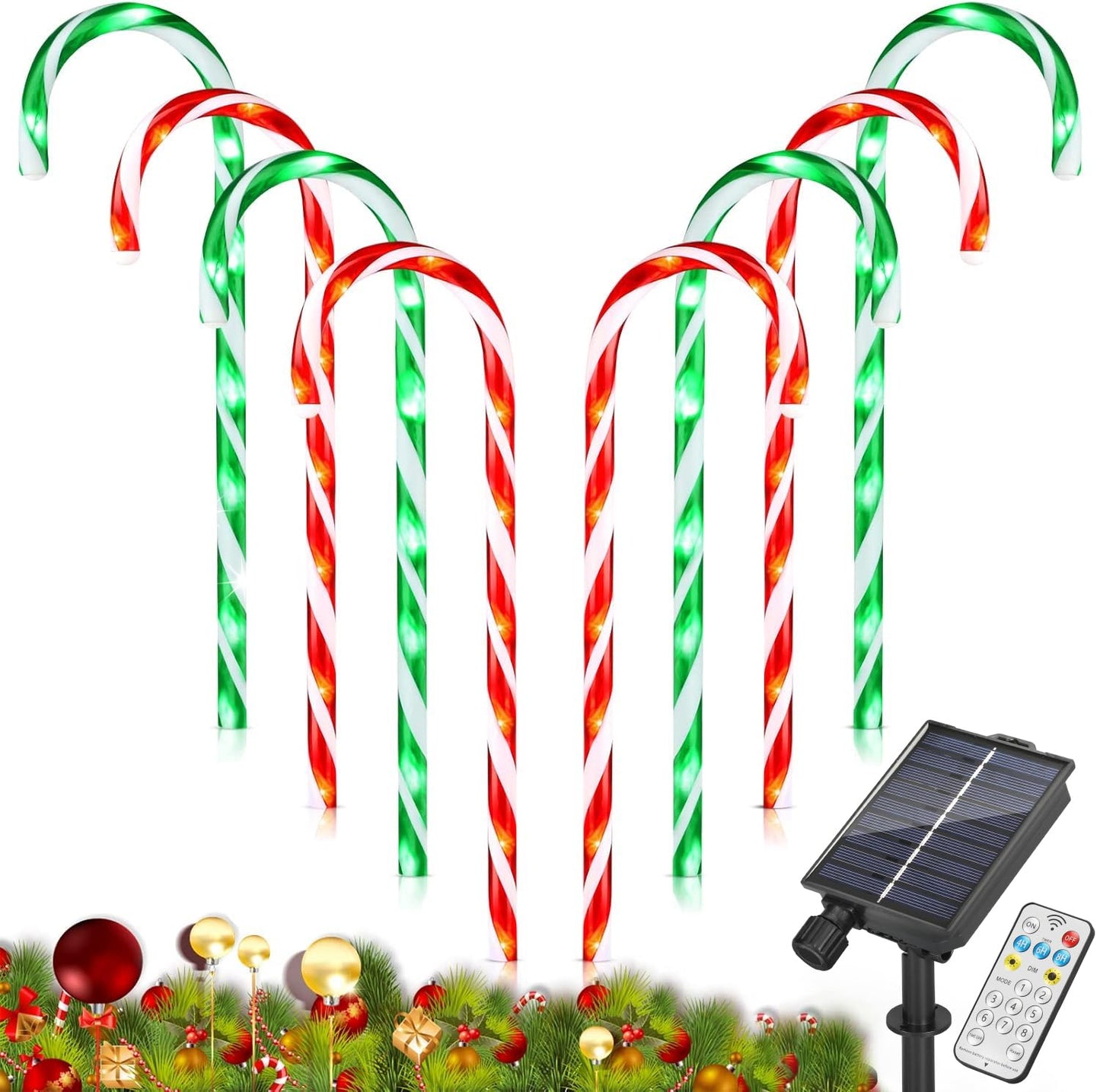 Solar Christmas Pathway Lights Outdoor Decorations, Solar Candy Cane Lights for Yard Patio Garden Walkway with 8 Light Mode, Remote, Timer, 48 LED, Upgraded Christmas Outdoor Decorations, 8 Pack