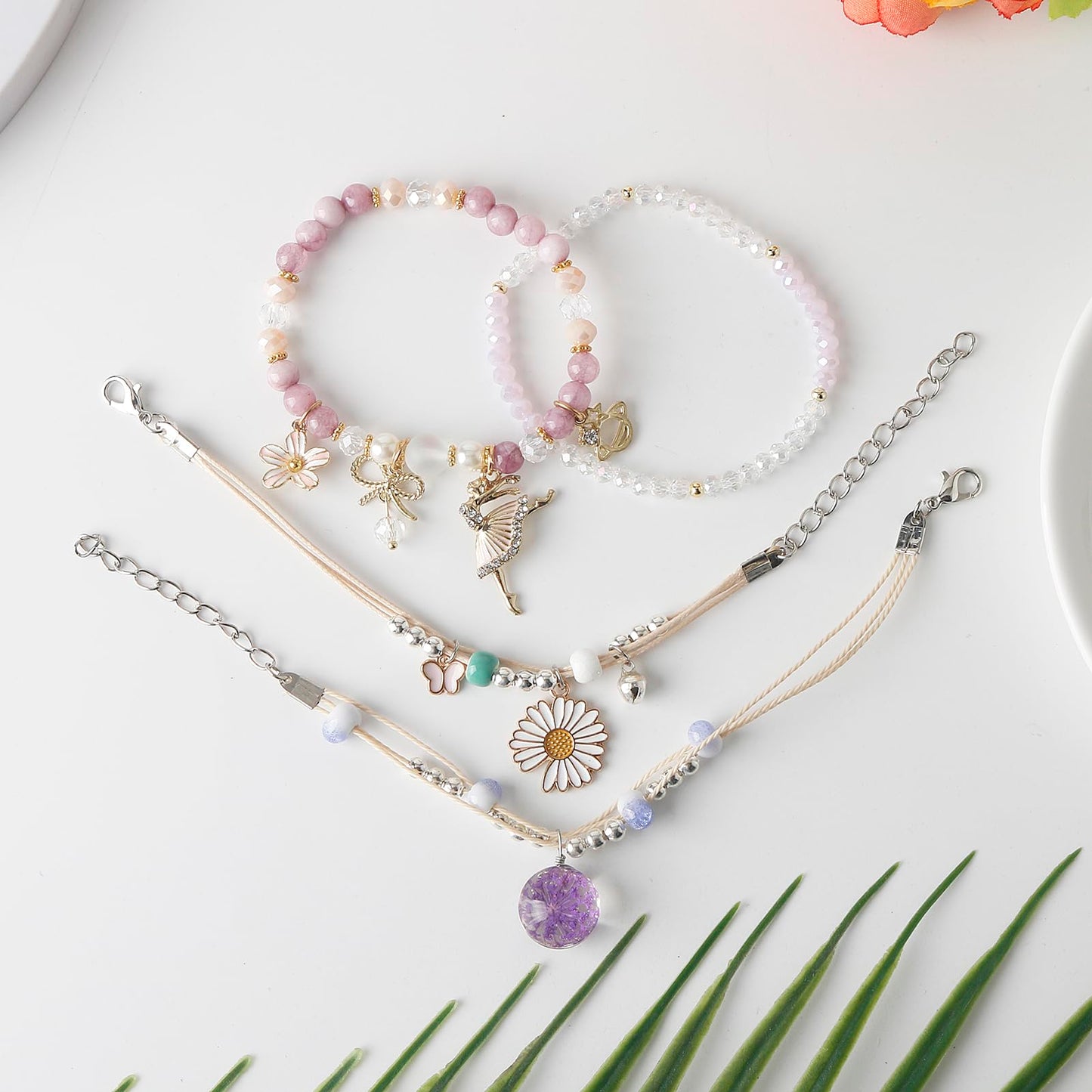 DS 4PCS Beaded Charm Bracelets for Teen Girls Dainty cute cartoon Crystal Beads Pearl Bracelets anklets set for woman and girls Adjustable Stretch bracelet birthday Gift For Friends Dancing Girl