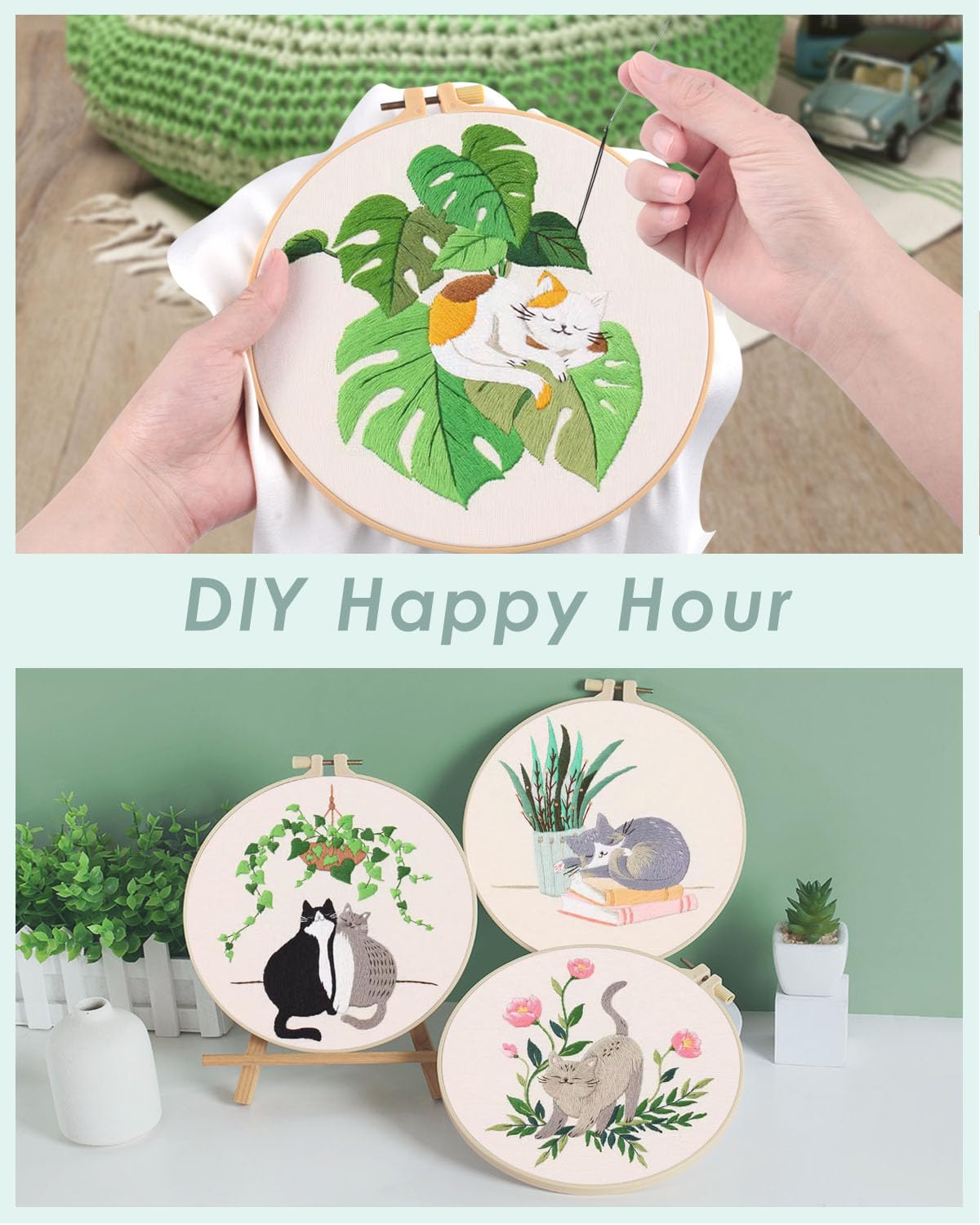 4 Sets Embroidery Kit for Beginners,Hummingbird and Flower Cross Stitch Set for Include Embroidery Cloth Hoops Threads for Craft Lover Hand Stitch (Cat)