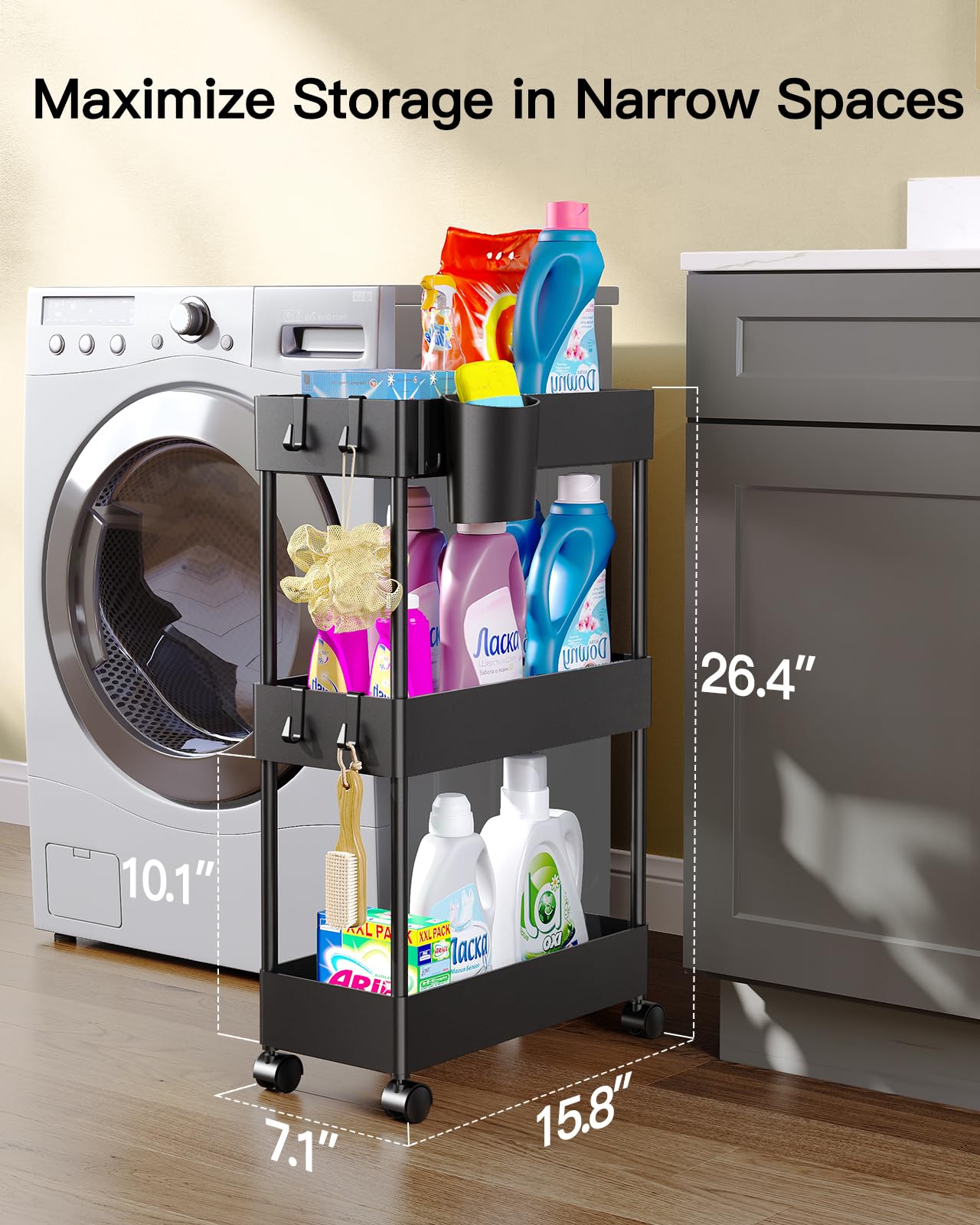 Pipishell Slim Storage Cart with Wheels, Bathroom Cart Organizer Bathroom Storage Small, Rolling Cart for Bathroom, Laundry Room, Kitchen, Narrow Space, Black PIUC04