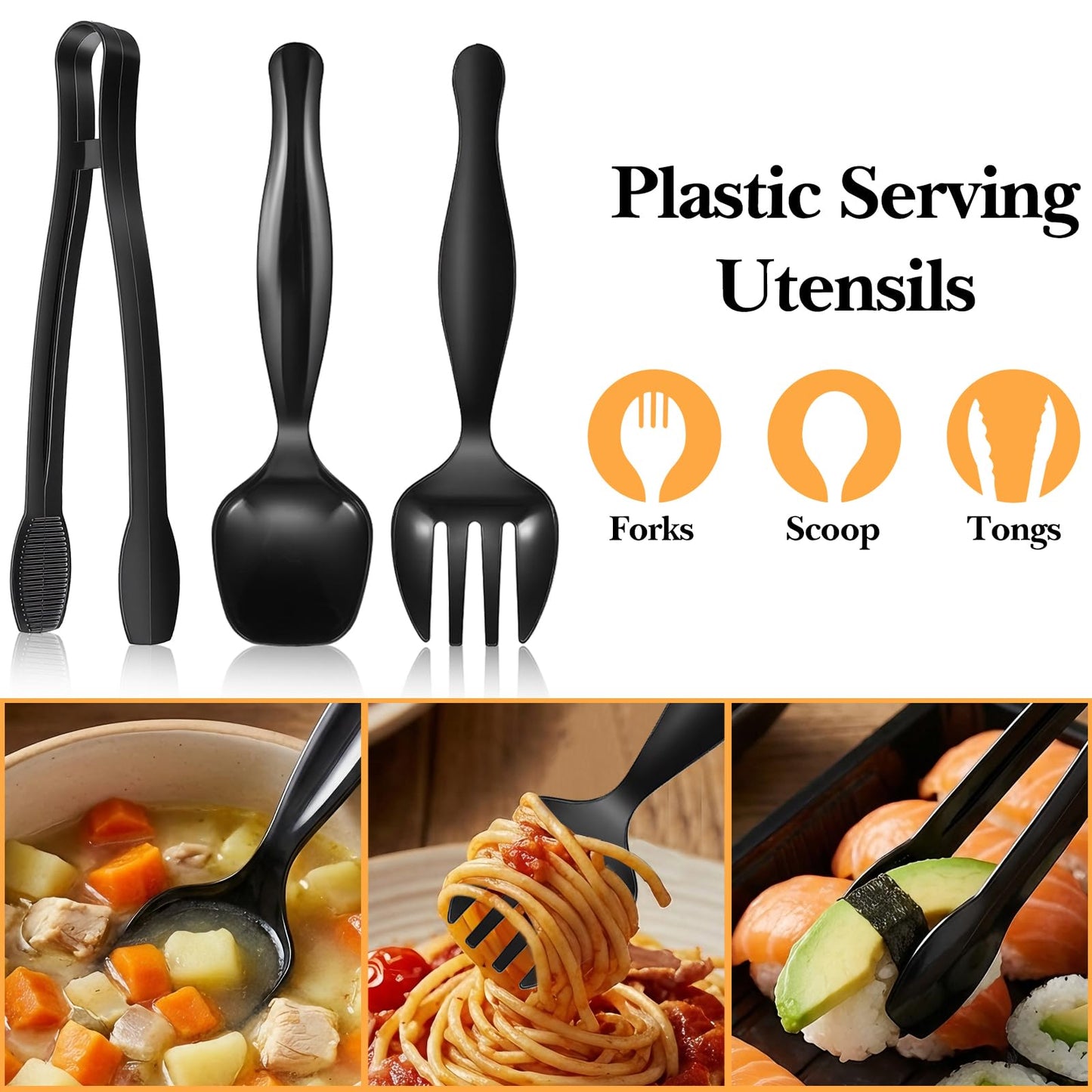 36 Pcs Disposable Serving Utensils Set, Black Plastic Utensils Including 8.3 Inch Spoons 8.5 Inches Forks 9 Inch Tongs for Buffet, Party, Restaurant, Weddings, Picnic
