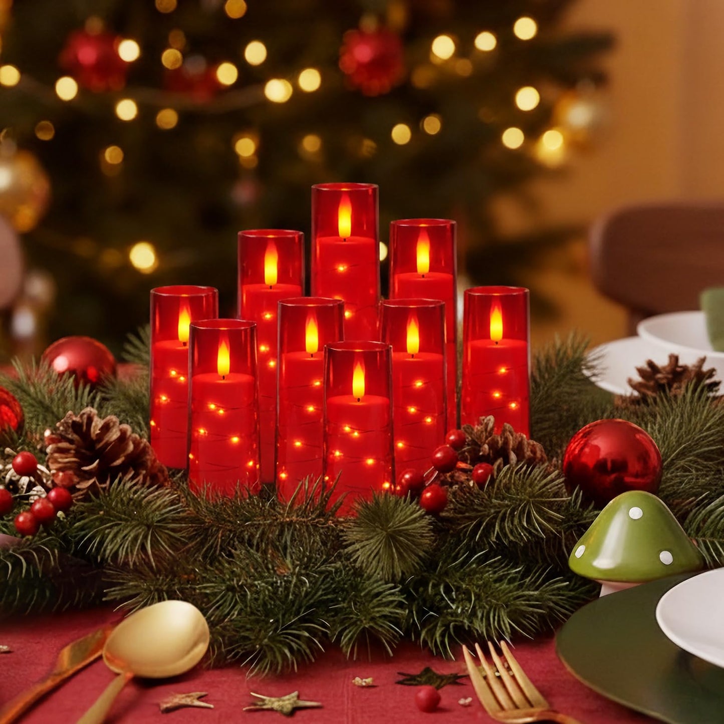 Flameless Candle with Remote Timer – 9 Flickering Acrylic Battery Operated LED Pillar Candles with Embedded Star String for Valentine's Day, Home Decor, and as a Gift (Red)
