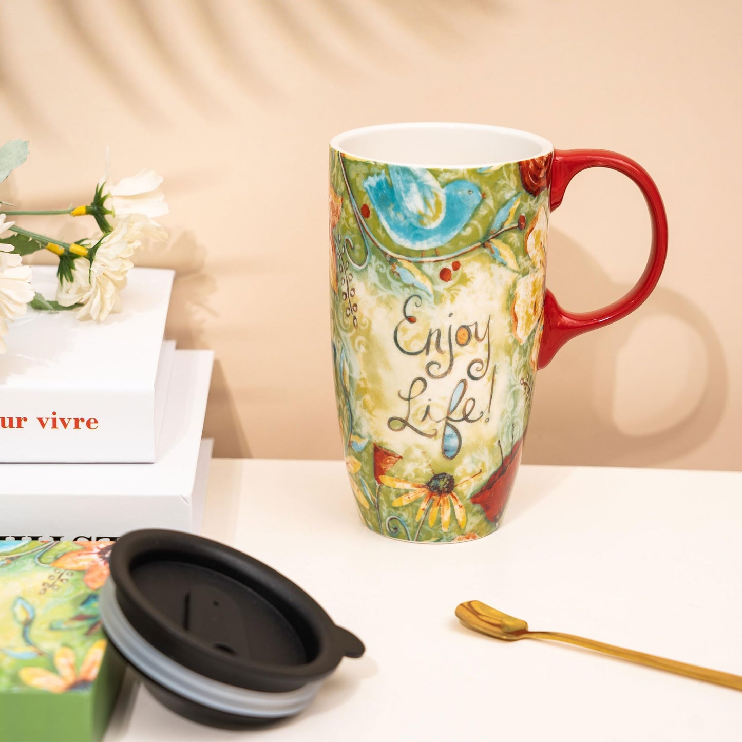Coffee Ceramic Mug Porcelain Latte Tea Cup With Lid 17oz. Enjoy Life