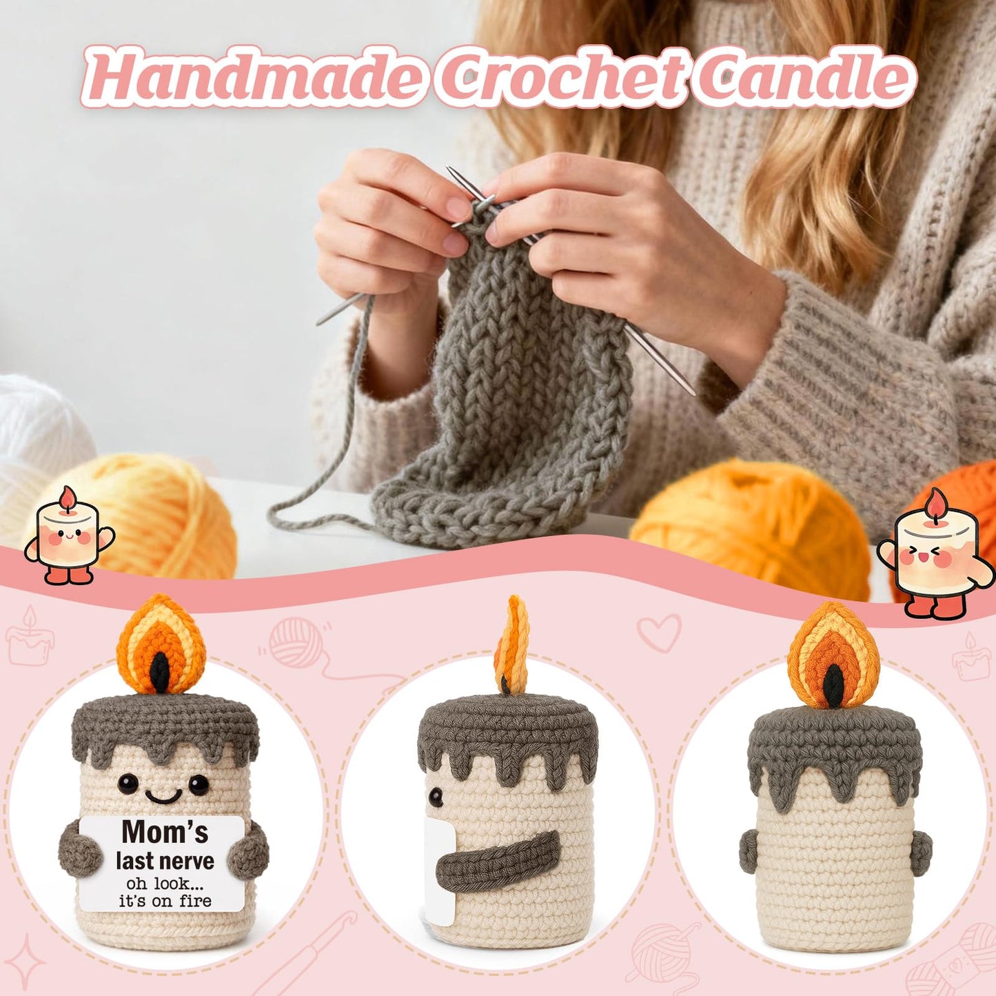 YUEYUQIU Funny Mom Gifts for Mothers Day - Birthday Gifts for Mom from Daughter Son, Cute Christmas Mother's Day Easter Candle Gift for Mother Mama Mommy - Handmade Crochet Mom's Last Nerve Candle