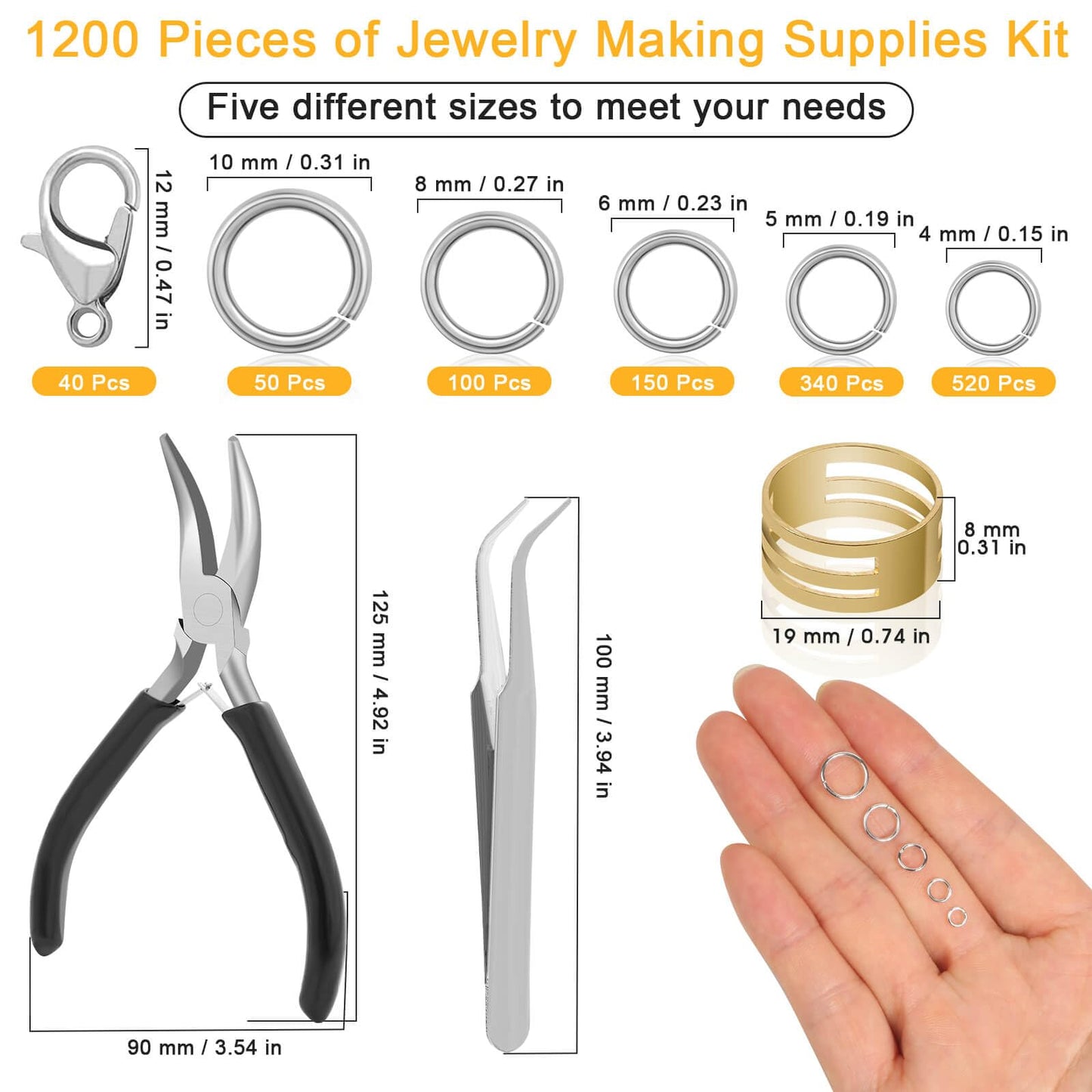 1200PCS Jump Rings for Jewelry Making Kit, Jump Rings and Necklace Clasps with Jump Ring Pliers Tools for Jewelry Making Supplies and Necklace Repair (Silver)