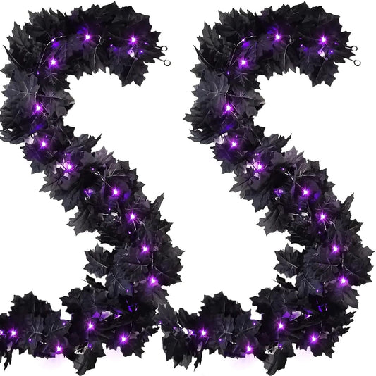 FINGOOO 2 Pack Black Garland Halloween,5.9Ft Black Vines Maple Leaf with Purple Lights for Fireplace Stairs Party Hanging Decor