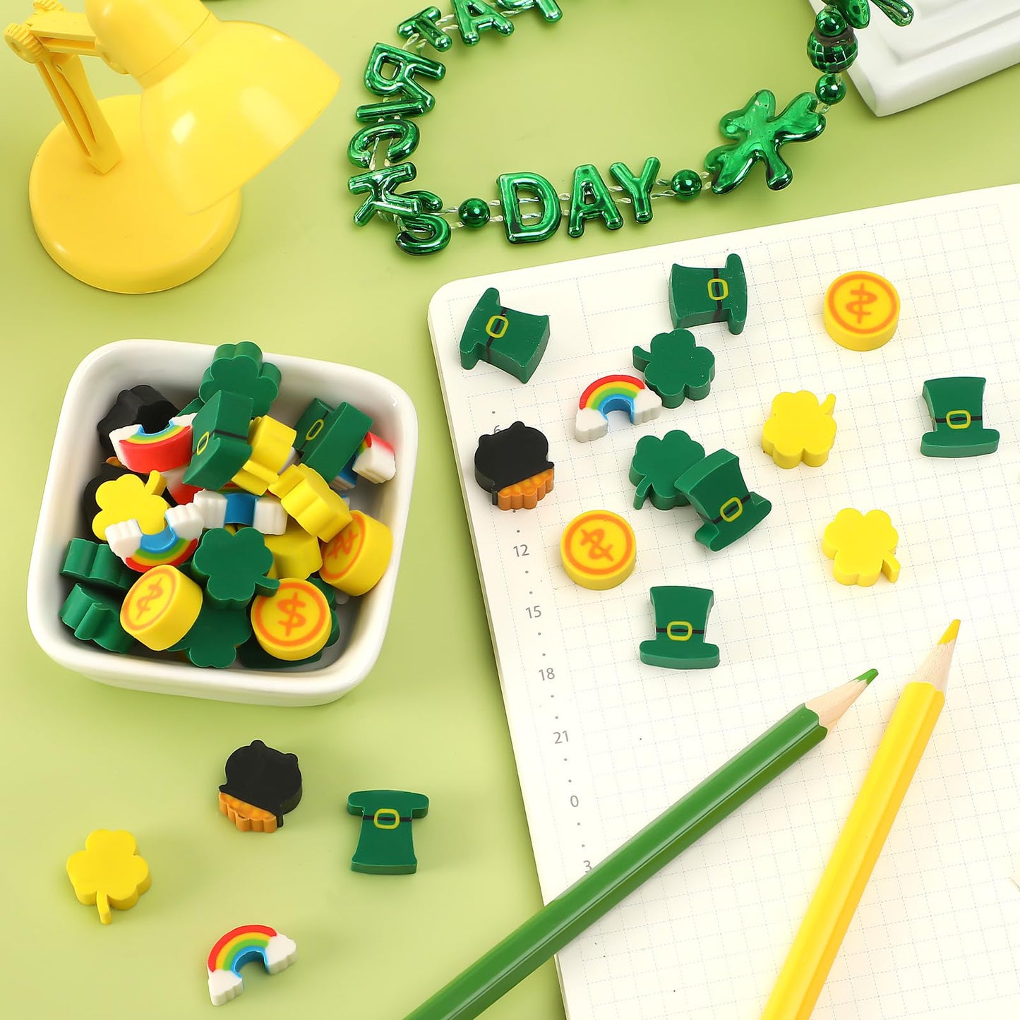 Erasers for Kids, 150Pcs St. Patrick's Mini Erasers Cute Pencil Erasers Shamrocks Erasers for Kids Bulk School Classroom Prizes Homework Rewards Party Favors