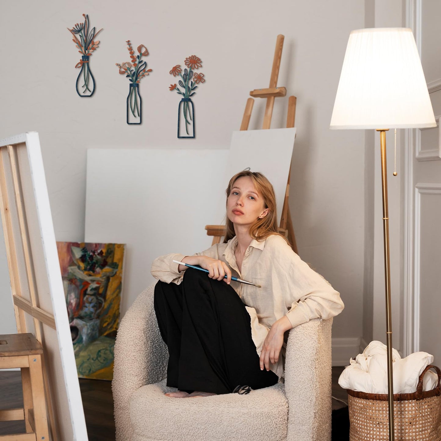 3 Pieces Metal Flowers Wall Arts - Rustic Farmhouse Decor Minimalist Flower Wall Decors for Living room Bathroom Bedroom Dining Room-Housewarming Gifts