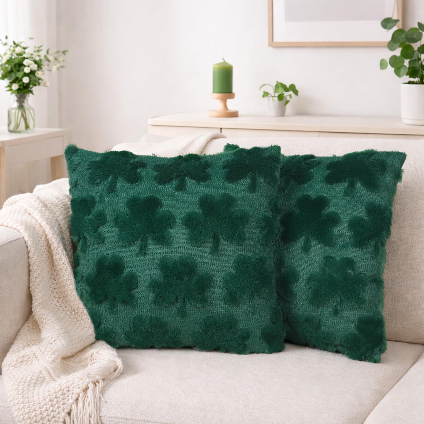 St Patricks Day Pillow Covers 18x18 Set of 2, Green Shamrock Plush Pillow Cases for Living Room Sofa Cushion Outdoor Indoor Holiday Home Decor