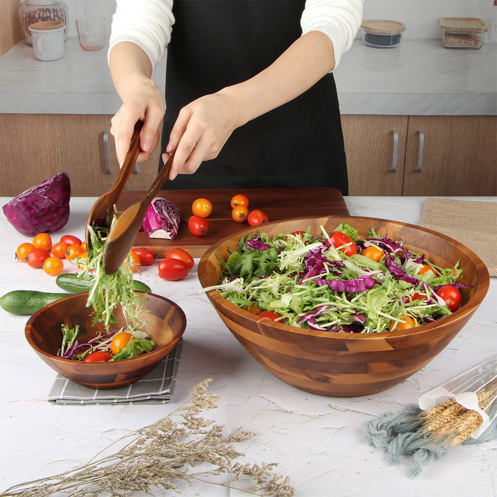 Salad Bowls, Wooden Salad Bowls Set, Large Acacia Wood Serving Bowl for Fruits, Salad, 12.5" Big Salad Bowl with Serving Utensils