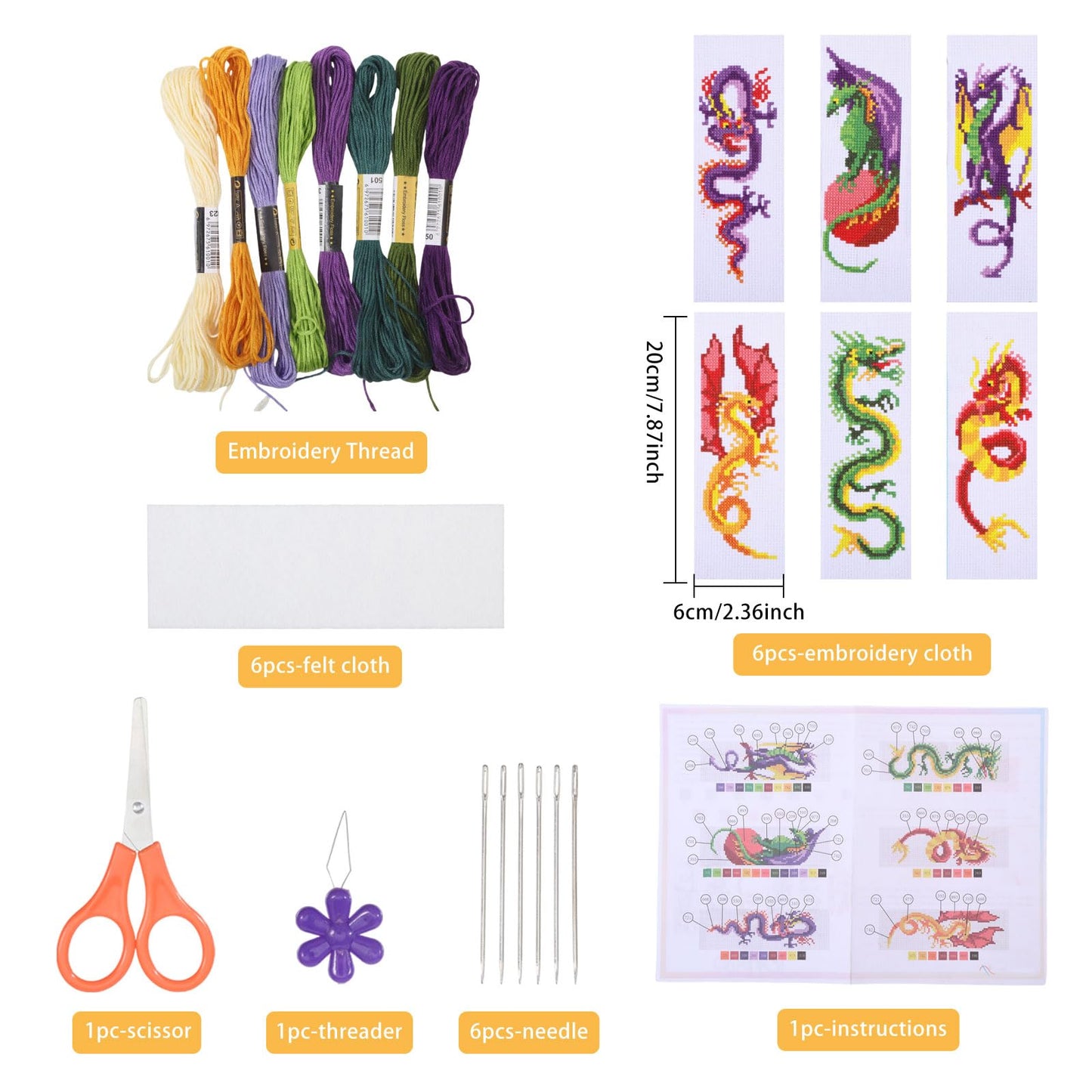 6 Pcs Cross Stitch Bookmark Kit for Beginner Dragon Pattern Stamped Embroidery Stitch Kits for Starter DIY Bookmarks Printed Cross Stitch Kits with 13 Colors Embroidery Floss