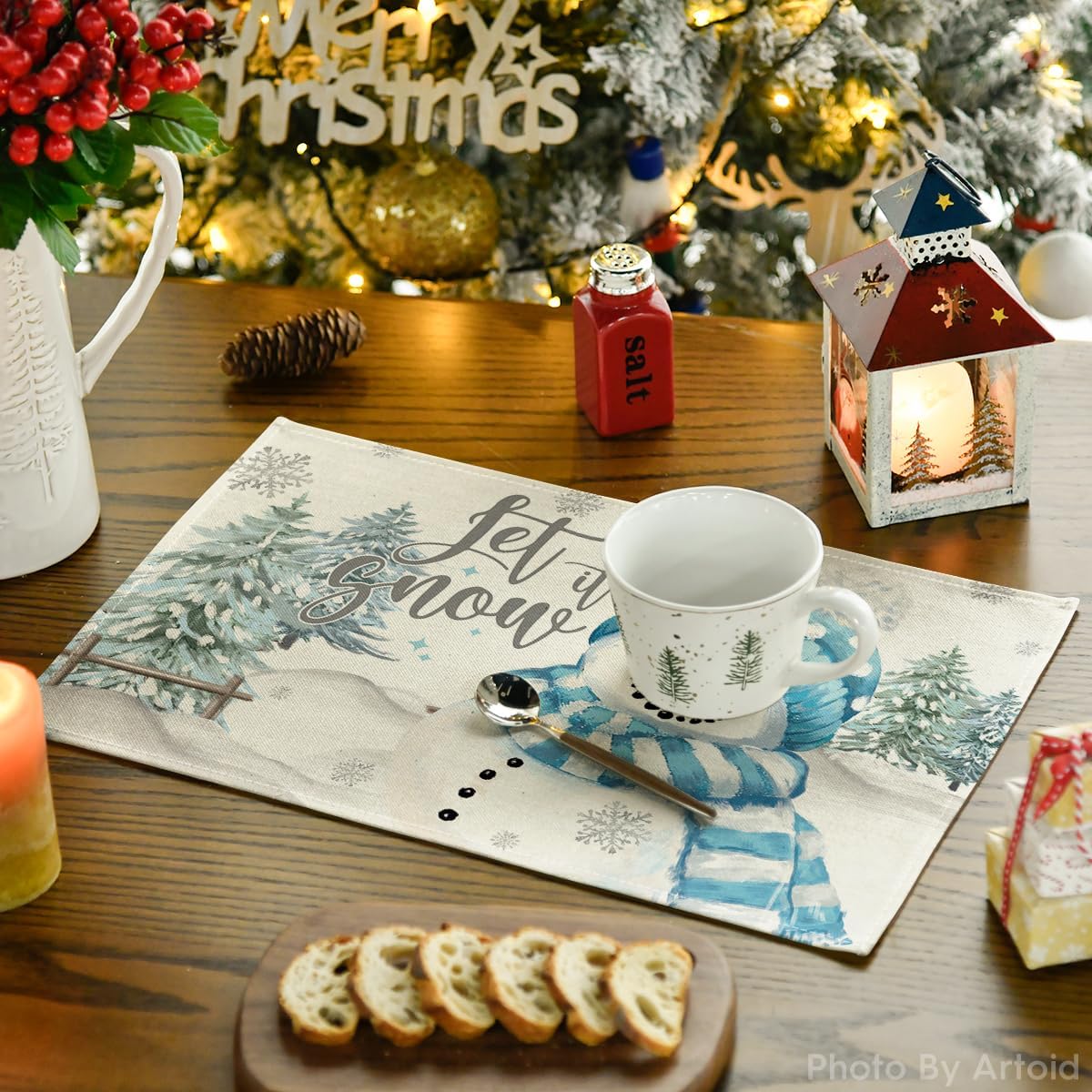 Xmas Trees Let It Snow Blue Snowman Christmas Placemats Set of 4, 12x18 Inch Winter Table Mats for Party Kitchen Dining Decoration