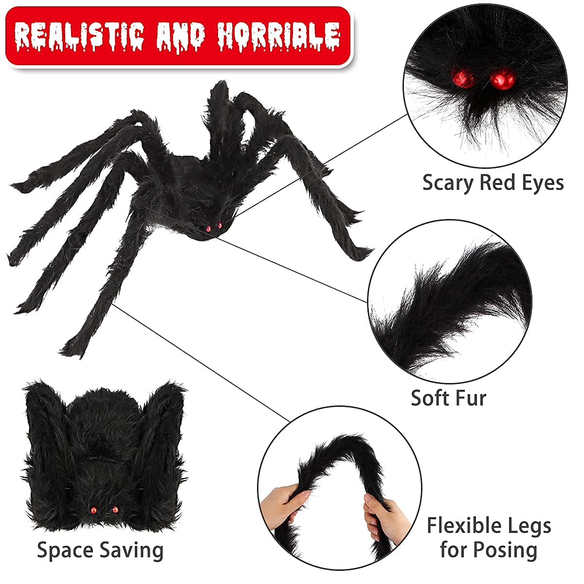 Halloween Giant Spider Decorations Outdoor: 3 Pack Realistic Spiders Props