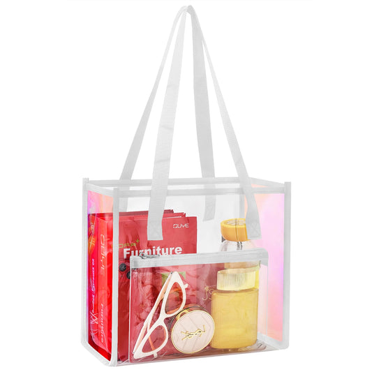 MAY TREE Clear Tote Bag Stadium Approved, Clear Beach Bag for Sports Work Security Travel Stadium Concert-White