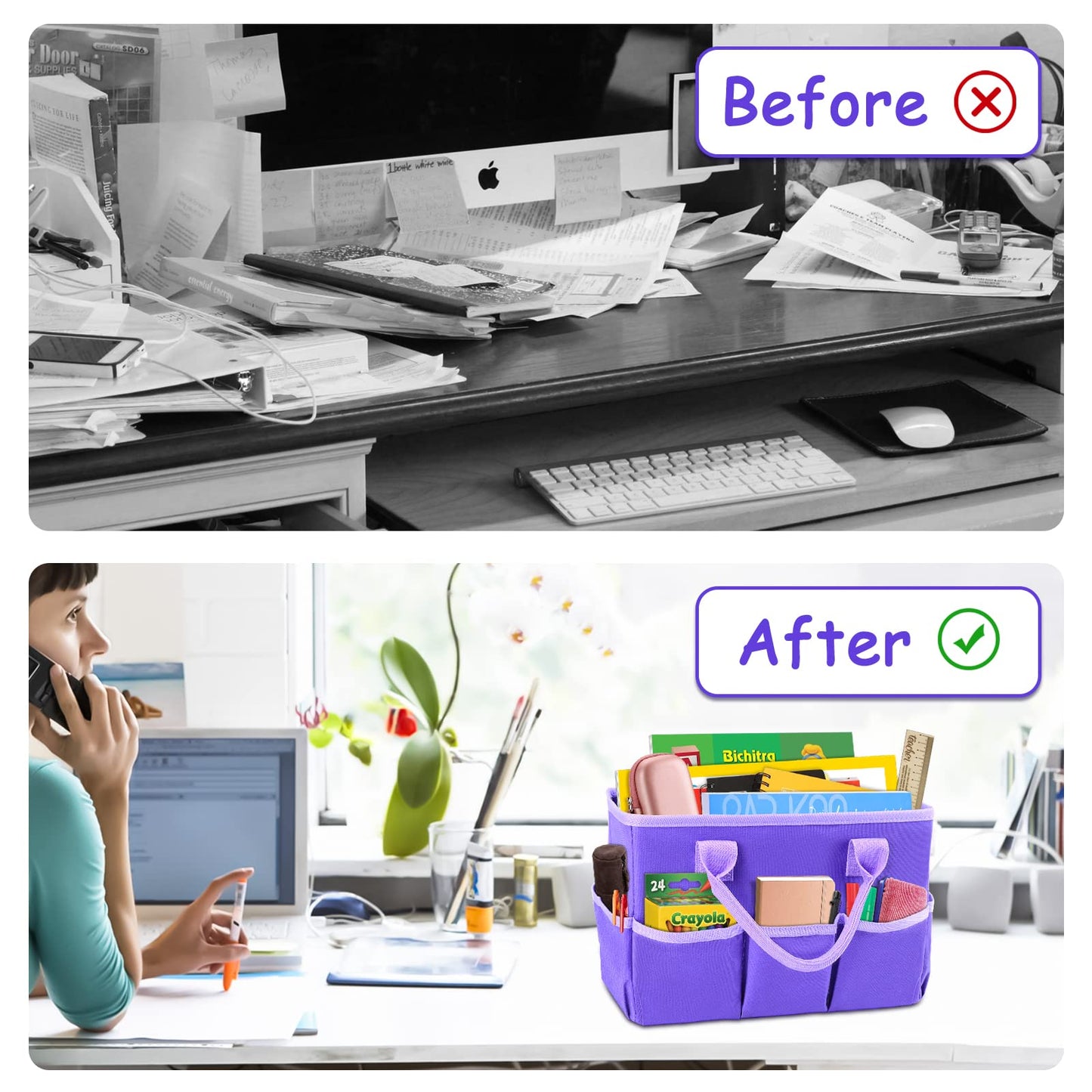 ZKOO Art Organizer Desktop Craft Storage Tote Bag Organizer for Crafts, Sewing, Paper, Art, Canvas, Supplies Storage Organization with Handles for Travel or Daily Use (Purple, Small)