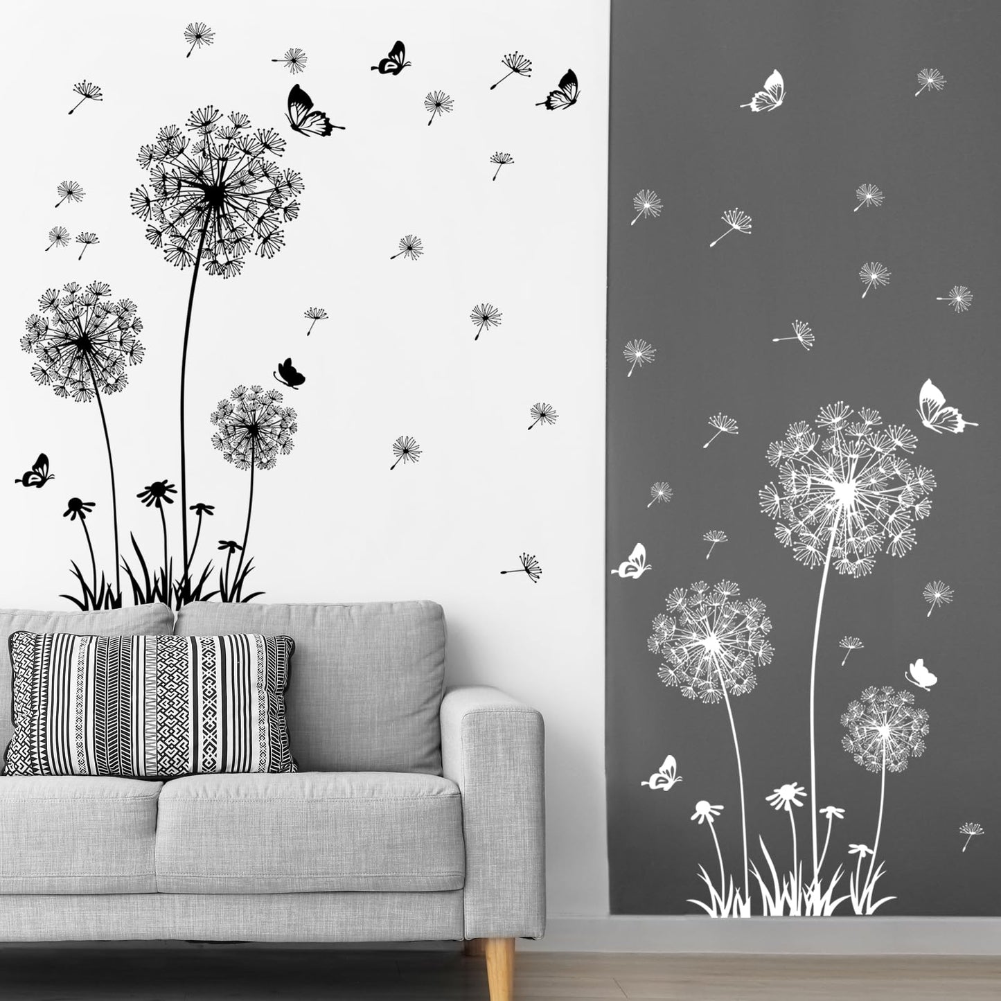 Supzone Dandelion Wall Stickers Flower Wall Decals Butterflies Flying Wall Decors Art Stickers for Bedroom Living Room Sofa Backdrop TV Wall Decor (White Black)