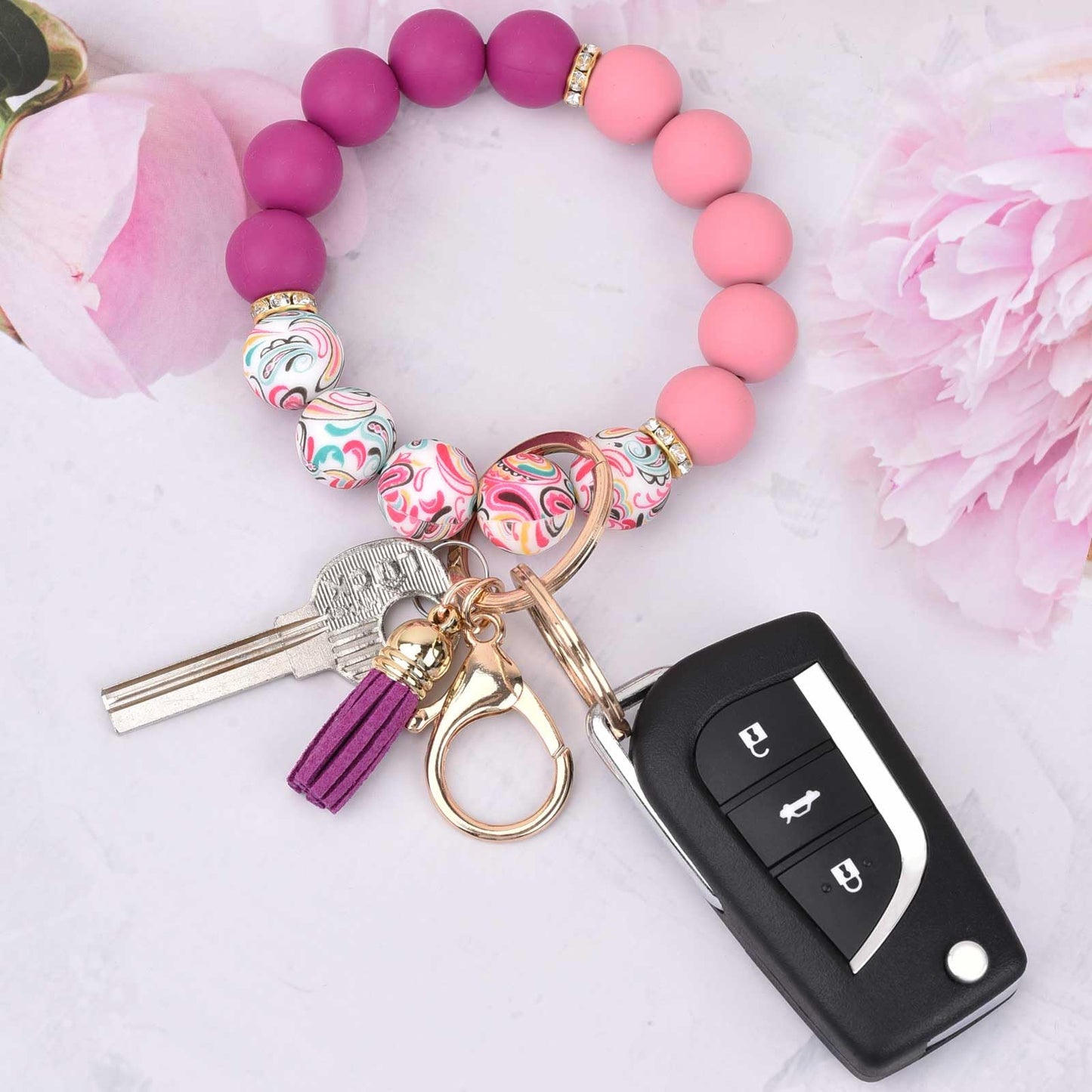 BAOSIWA Silicone Beaded Keychain Wristlet Key Ring Bracelet Cute Plum Car Key Chain Holder for Women Girls