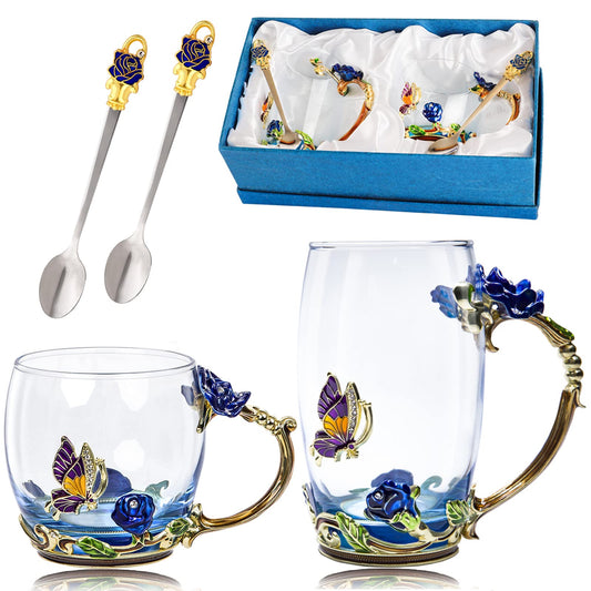 Tea Cup Glass Coffee Mugs,Fancy Tea Cup Set Birthday Christmas Valentine's Day Gift Idea for Tea Lover and Women Novelty Coffee Mugs Rose Flower Enamel Tea Cup Glass Mug with Spoon Set