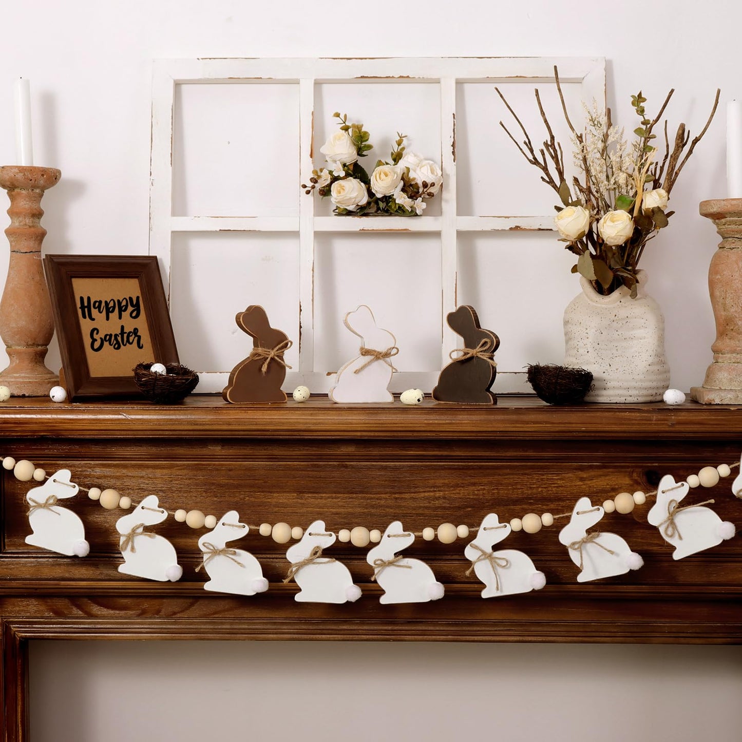 Bunny Chorus Easter Decorations Garlands, Cute Easter Bunny with Wooden Beads Garland, Rustic Easter Banner for Wall Home Indoor Outdoor Spring Decor Supplies