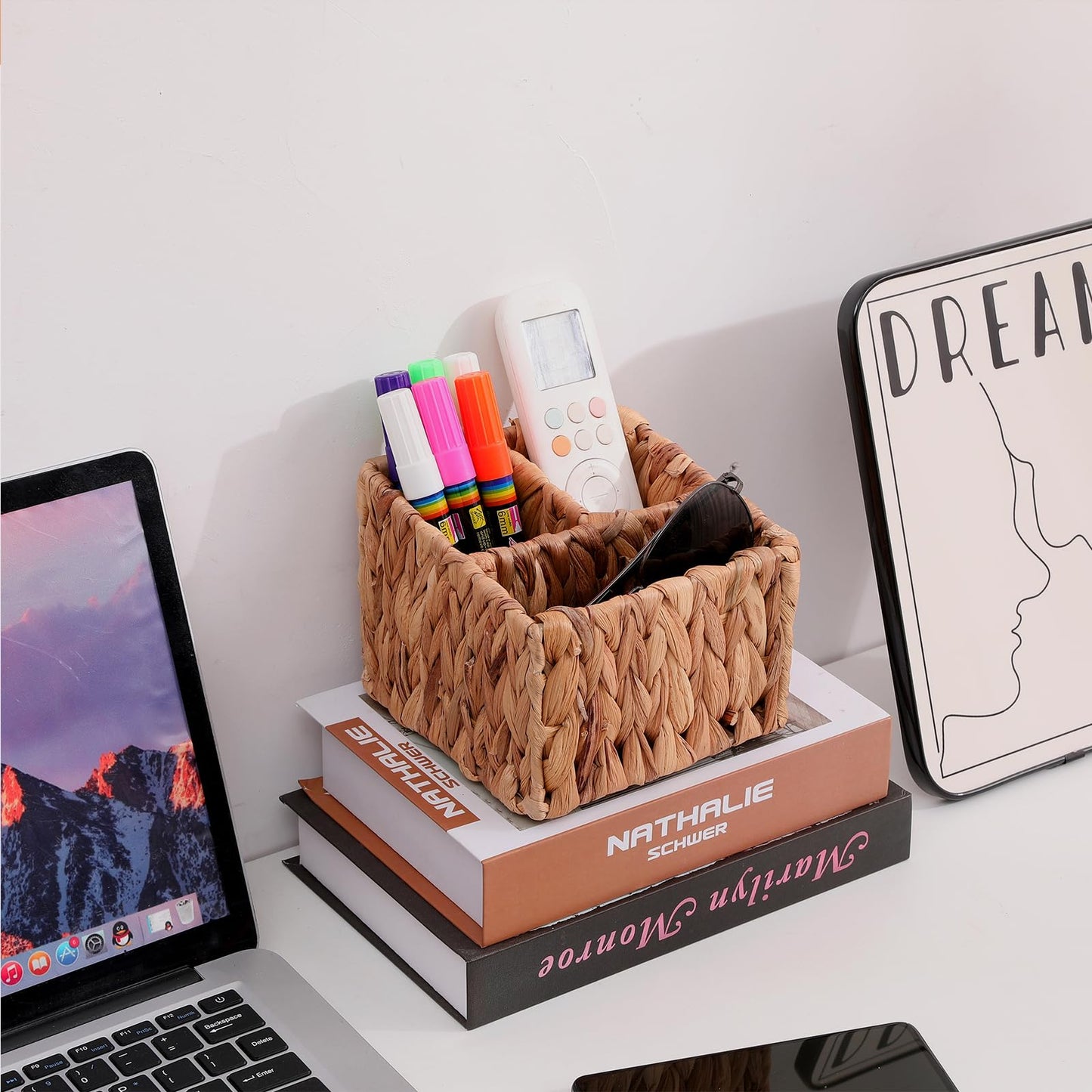 Remote Control Holder Wicker Desk Organizer Divided Storage Basket,Hand Woven Cosmetic Storage Box with 3 Compartments,Water Hyacinth Remote Control Basket for Desktop Organizing
