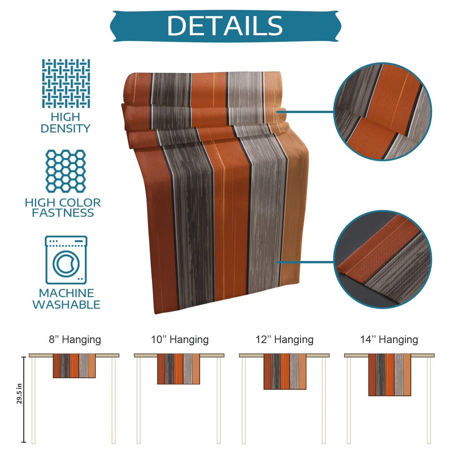 Farmhouse Cotton Linen Table Runner Dresser Scarf Retro Rustic Barn Wood Texture Ombre Burnt Orange Gray Non-Slip Rectangle Settings Decoration for Kitchen Home Dining Holiday,70 inches Long