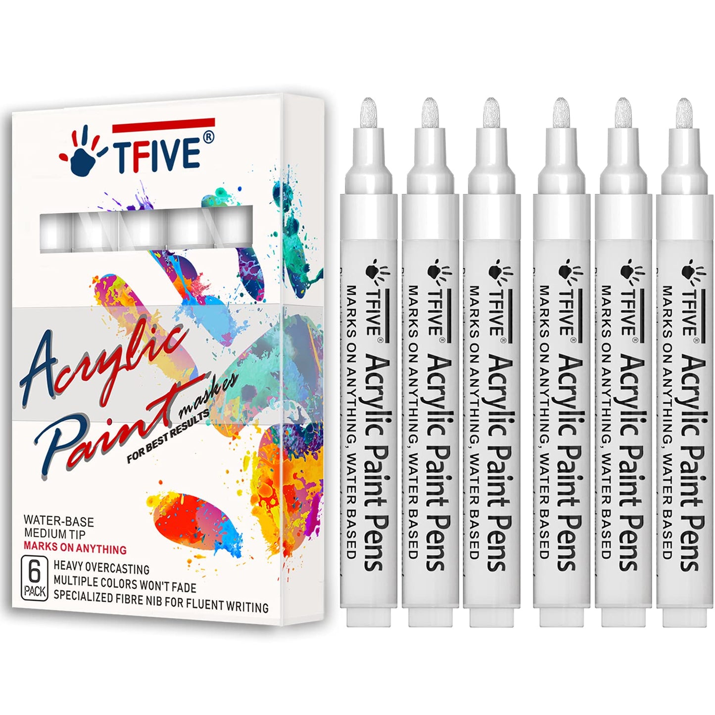 White Acrylic Paint Marker Pens - 2-3mm Medium Tip, 6 Pack Permanent White Water Based Paint Pen for DIY Projects, Paintings for Rock, Fabric, Wood, Leather, Metal, Ceramics, Paper, Glass, Plastic