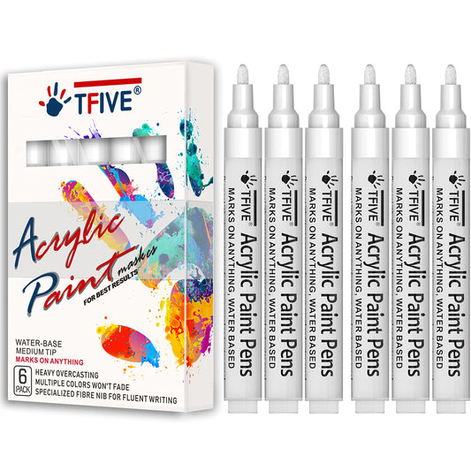 White Acrylic Paint Marker Pens - 2-3mm Medium Tip, 6 Pack Permanent White Water Based Paint Pen for DIY Projects, Paintings for Rock, Fabric, Wood, Leather, Metal, Ceramics, Paper, Glass, Plastic