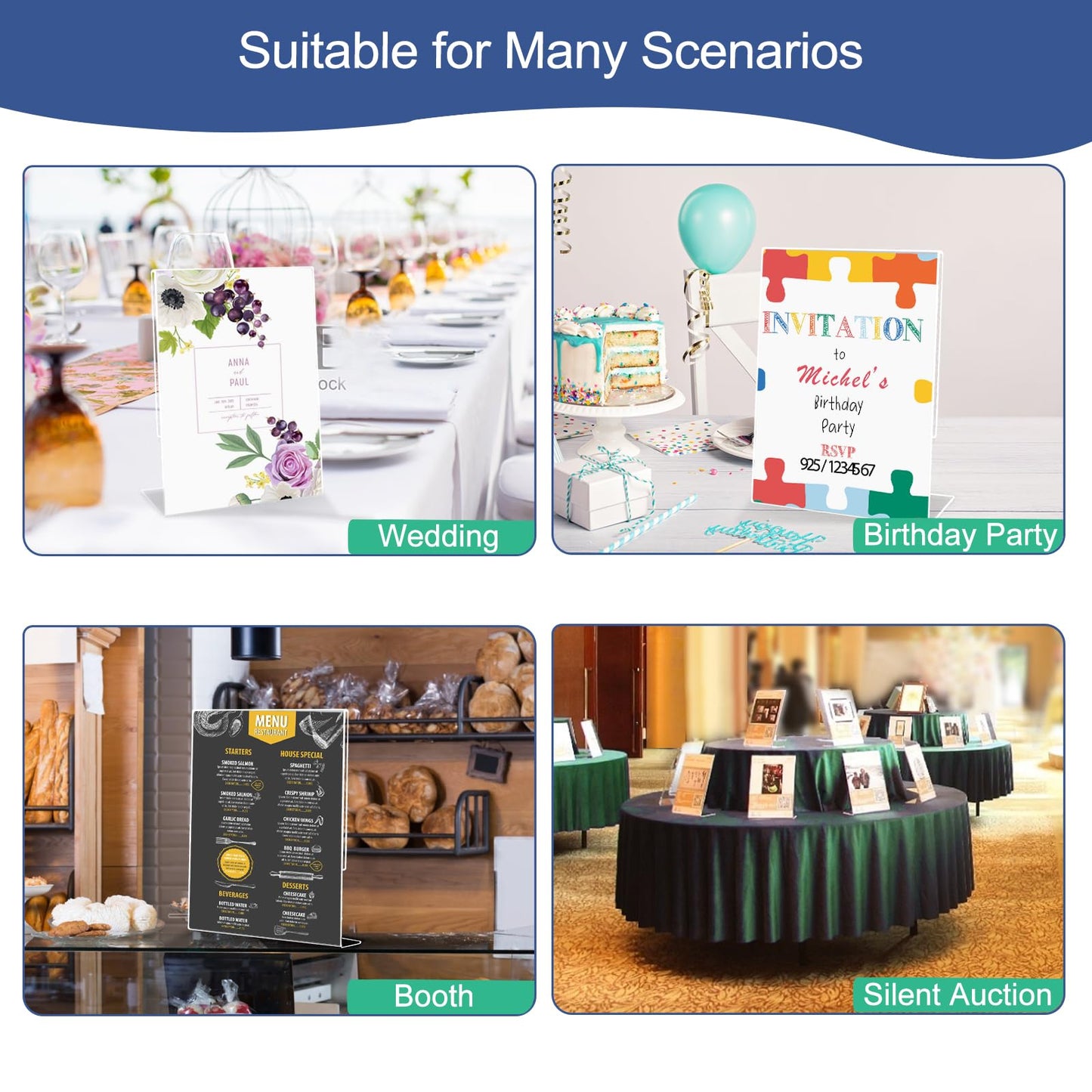 Wbtran Slanted Back Acrylic Sign Holder 5 x 7, Clear Tabletop Sign Holder, Acrylic Stands for Display 5 x 7, Plastic Paper Sign Holder for Office, Home, Restaurant (6 Pack)