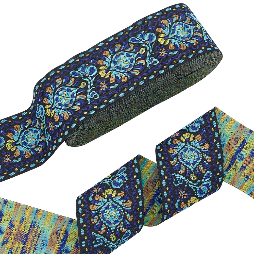 10 Yards Boho Jacquard Fabric Trim with Embroidered Flowers - Blue, 2 Inch Ethnic Style Floral Ribbon for Sewing, Handmade Bag Strap Making & DIY Clothing Decoration