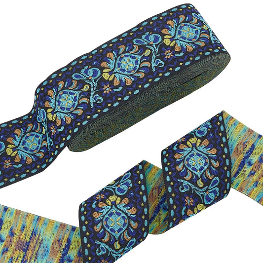 10 Yards Boho Jacquard Fabric Trim with Embroidered Flowers - Blue, 2 Inch Ethnic Style Floral Ribbon for Sewing, Handmade Bag Strap Making & DIY Clothing Decoration