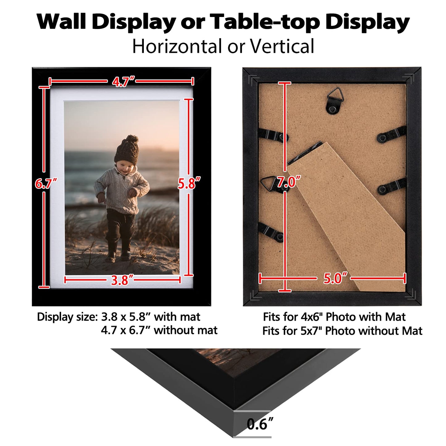 KINLINK 5x7 Picture Frames Black, Photo Frames with Plexiglass for Picture 4x6 with Mat or 5x7 without Mat, Composite Wood Picture Frames for Table Top and Wall Mounting, Set of 4