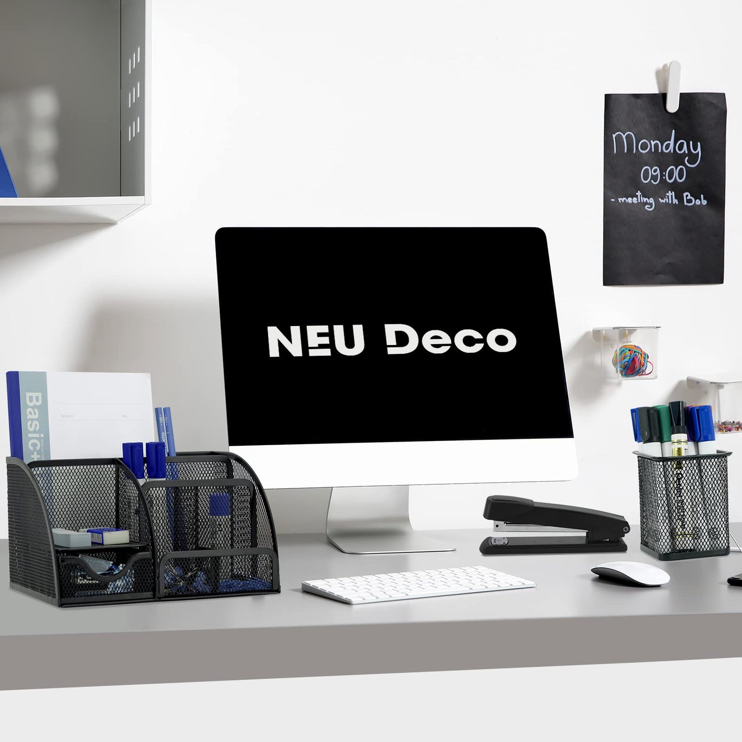 Desk Organizers, Office Supplies Desktop Organizer with Drawer and 6 Compartments, Black Desk Caddy + Pen Holder/Stapler with 1000 Staples Combo for Office Home School