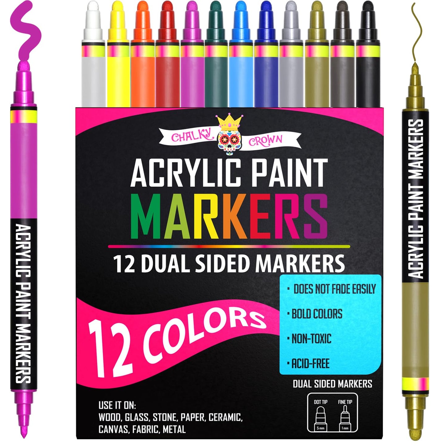 Acrylic Paint Markers Dual Tip (12 Pack) - Acrylic Markers Paint Pens for Rocks - Bold Acrylic Paint Pens Fine Tip and Dot Tip - Fabric Makers Permanent for Clothes Water Based Markers - Chalky Crown