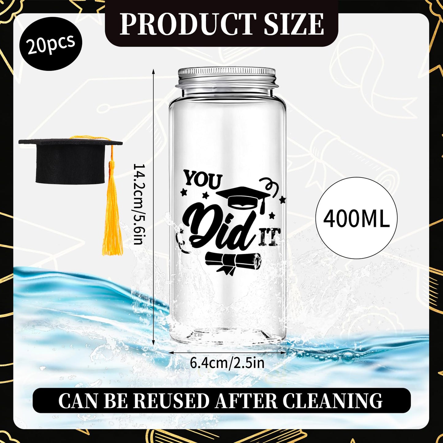 Whaline 20Pcs Graduation Plastic Cups with Lids and Felt Cap Decor Clear Party Drinking Cups Congrats Grad Reusable Tumblers for Graduation Party Supplies