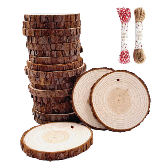 Unfinished Natural Wood Slices 20 Pcs 3.5-4 Inch Wood Coaster Sets Pieces Craft Wood kit Predrilled with Hole Wooden Circles Great for Arts and Crafts Christmas Ornaments DIY Crafts Rustic Wedding